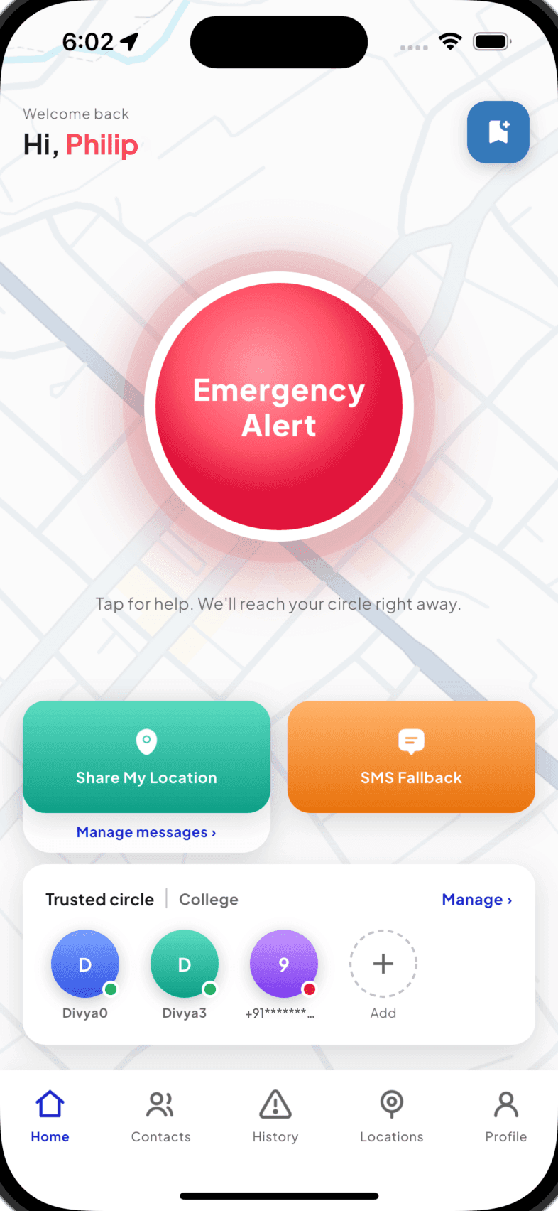 VEZL home screen: a large Emergency Alert button over a map, with Share My Location and SMS Fallback buttons and the active trusted circle below.