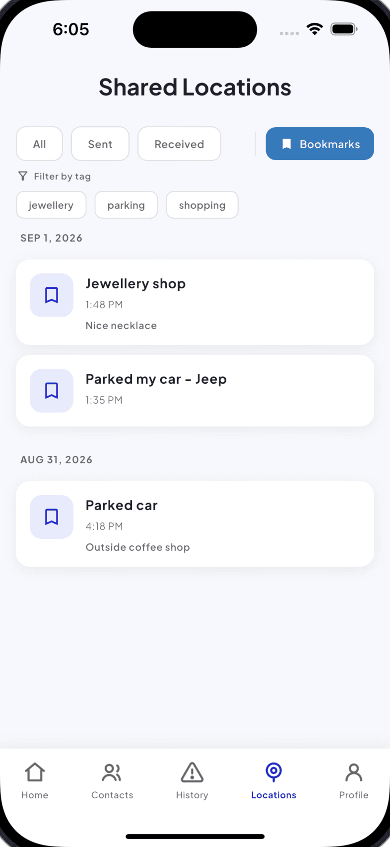 Bookmarks view of Shared Locations: tag filters for jewellery, parking and shopping above saved places with times and personal notes.
