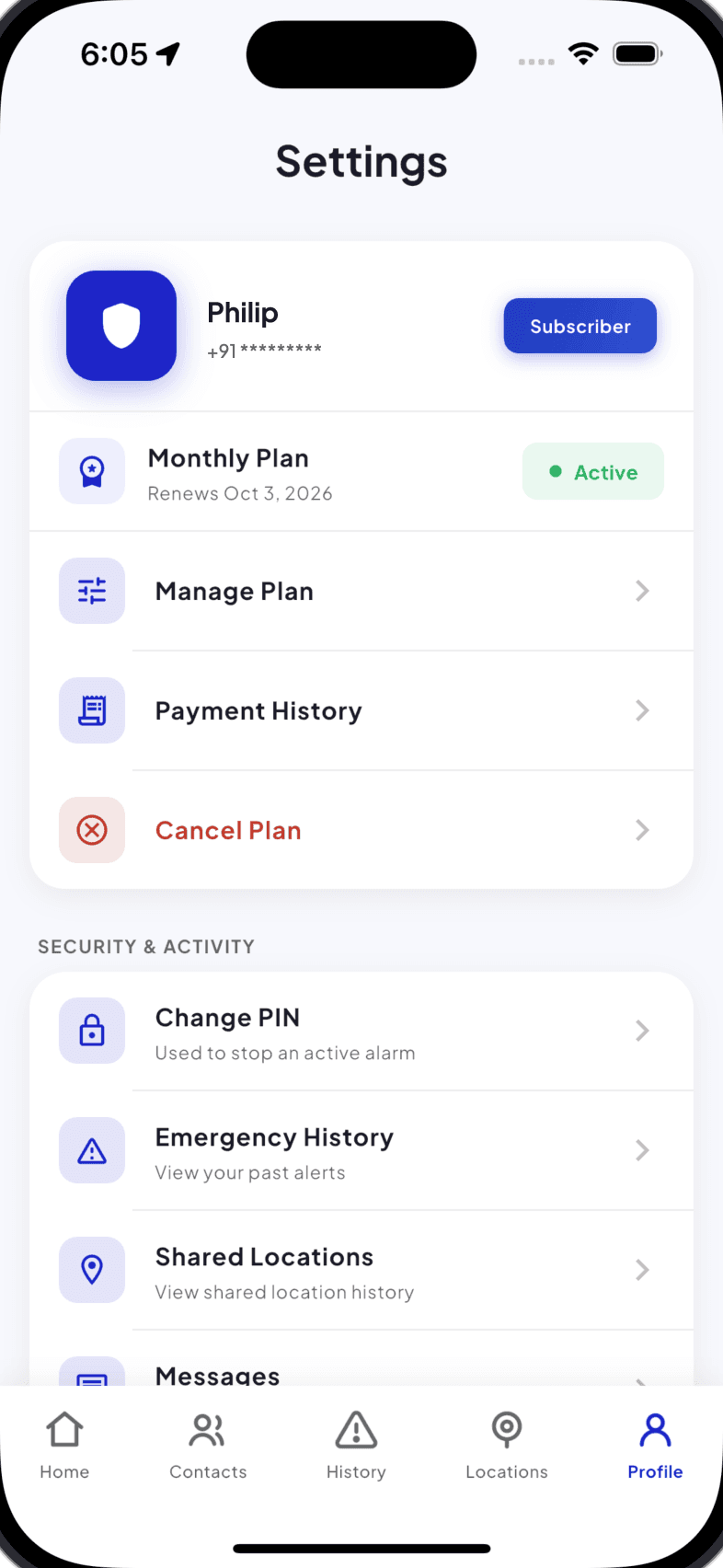 Settings screen: subscription card with plan status, Manage Plan and Payment History, then Change PIN, Emergency History and Shared Locations under Security and Activity.