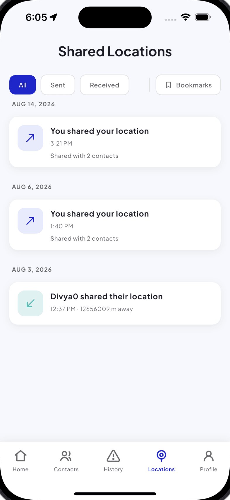 Shared Locations screen: All, Sent, Received and Bookmarks tabs above a dated list of locations shared by you and with you.