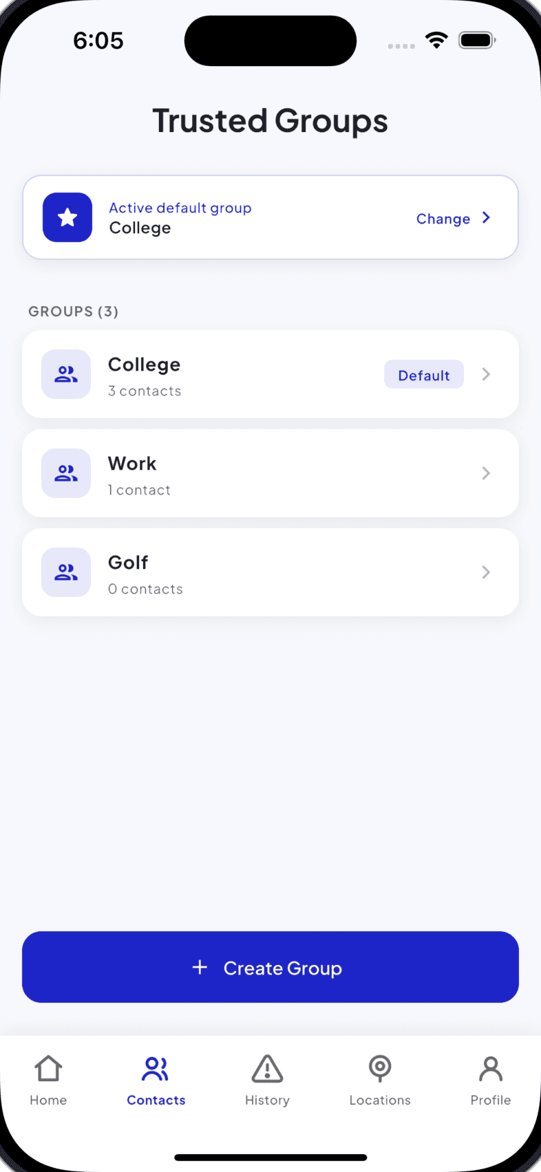 Trusted Groups screen: the active default group at the top, a list of three groups with contact counts, and a Create Group button.